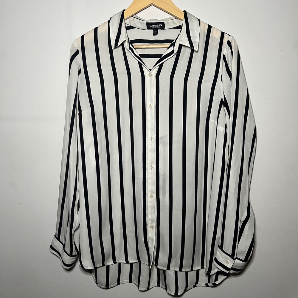 Express Black and White Button Down Blouse with Notched Collar
